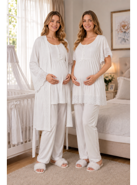 RİMEL Ekru  Kısa Kollu Dantelli Lohusa Pijama Takım Sabahlık 33011